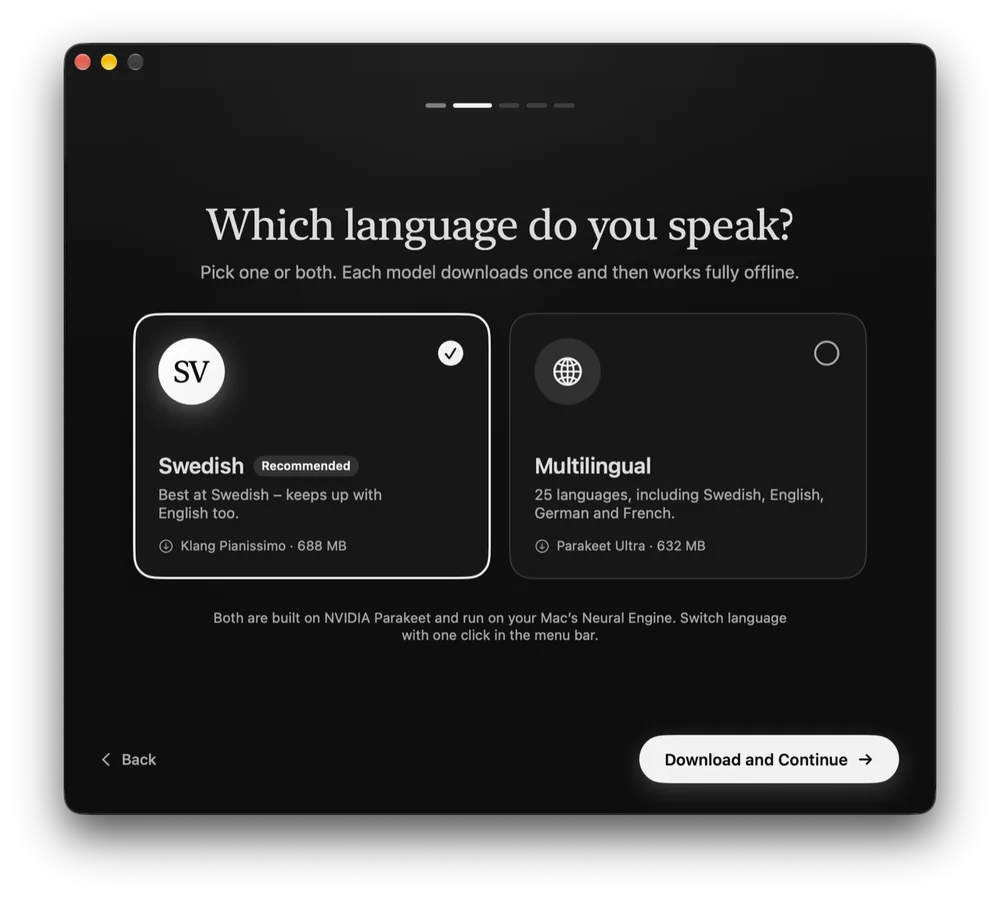 Mindtalk's introduction, where you choose Swedish, multilingual or both