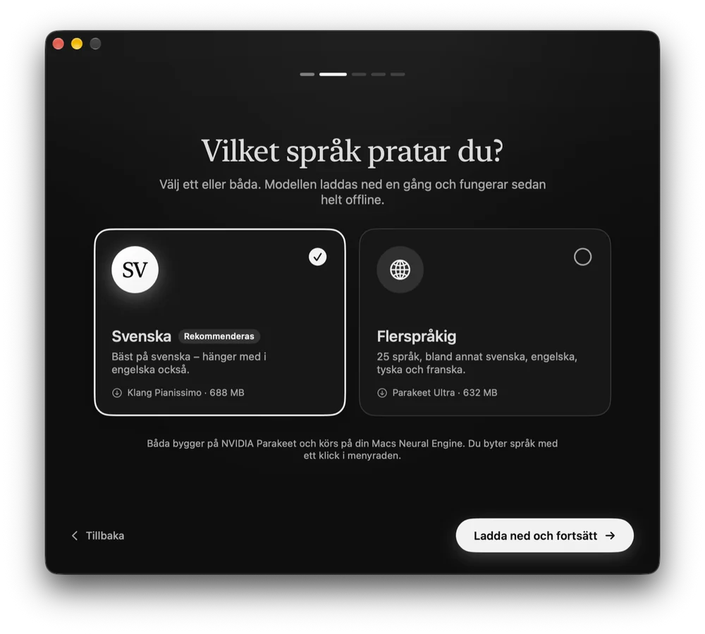 Introduktionen i Mindtalk, där du väljer svenska, flerspråkig eller båda